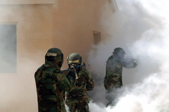 070530-M-6662M-090 070530-M-6662M-090
CAMP LEJEUNE, N.C. (May 30, 2007) - U.S. Navy midshipmen walk through smoke during an assault against the urban terrain during career orientation training for midshipmen (CORTRAMID) at the military operations in urban terrain facility. CORTRAMID is designed to familiarize midshipmen with the missions, tasks, and equipment of the various warfare areas pertaining to surface, submarine, aviation, and Marine Corps. U.S. Marine Corps photo by Cpl. James McLaughlin (RELEASED)